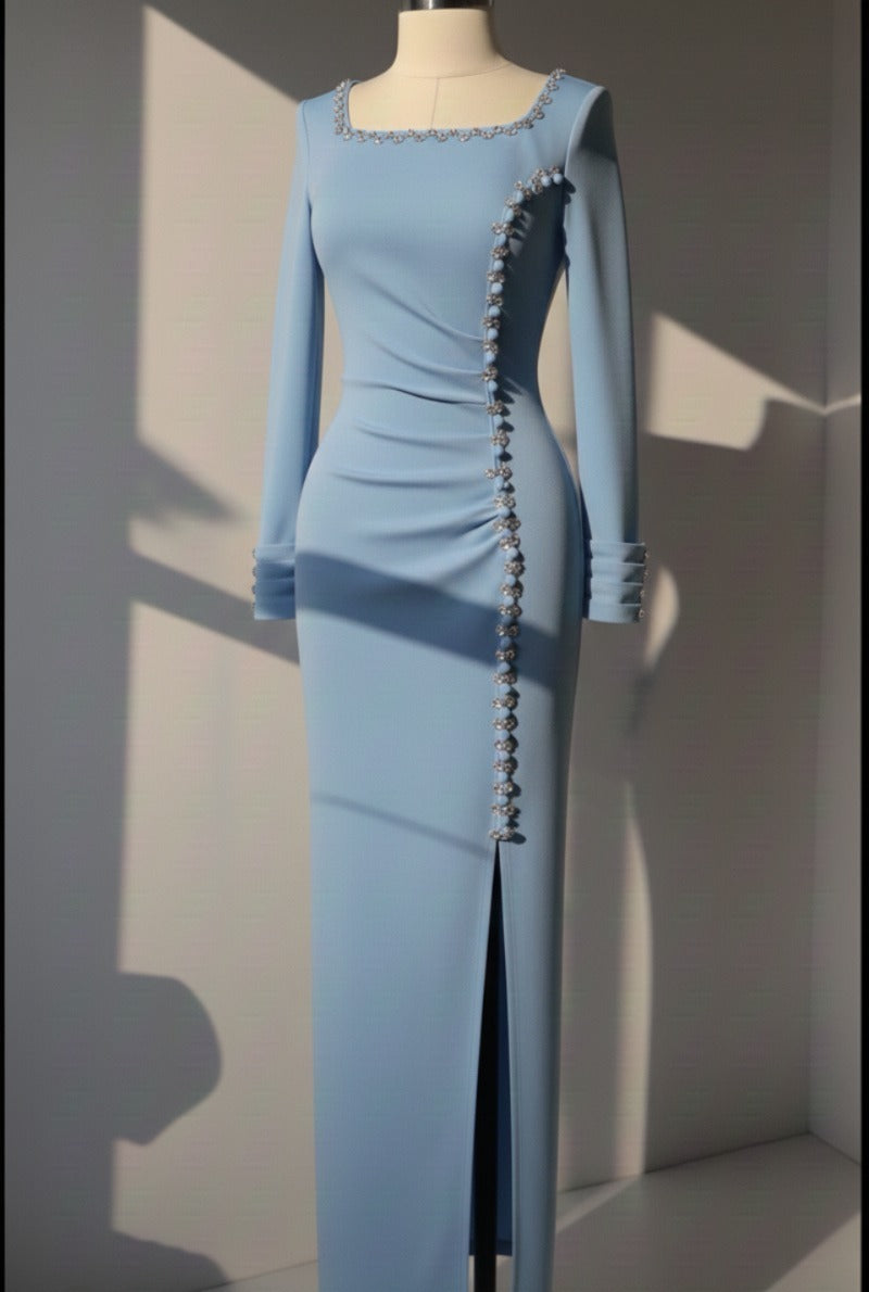 Blush Crystal Slit Evening Gown