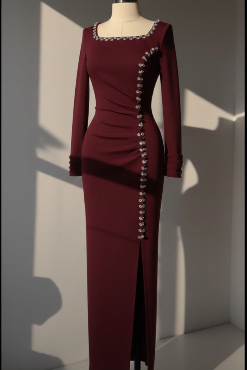 Blush Crystal Slit Evening Gown