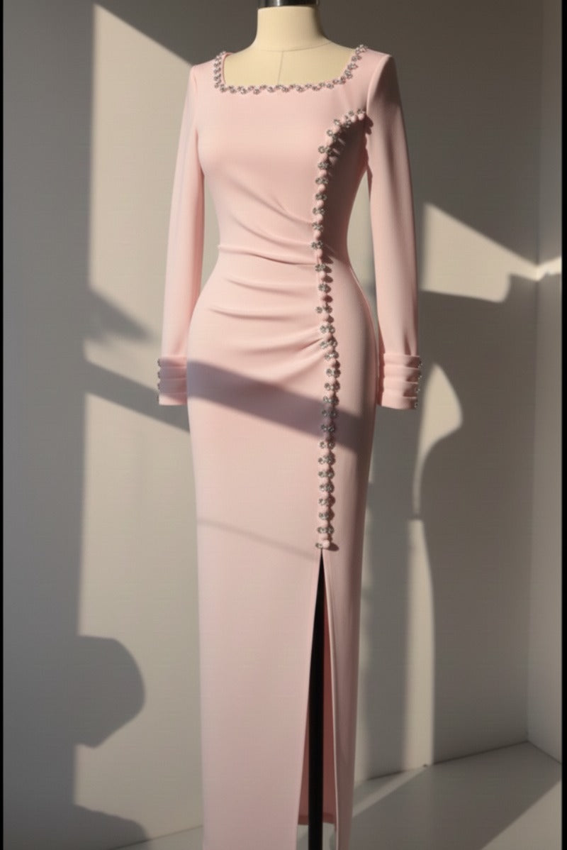 Blush Crystal Slit Evening Gown