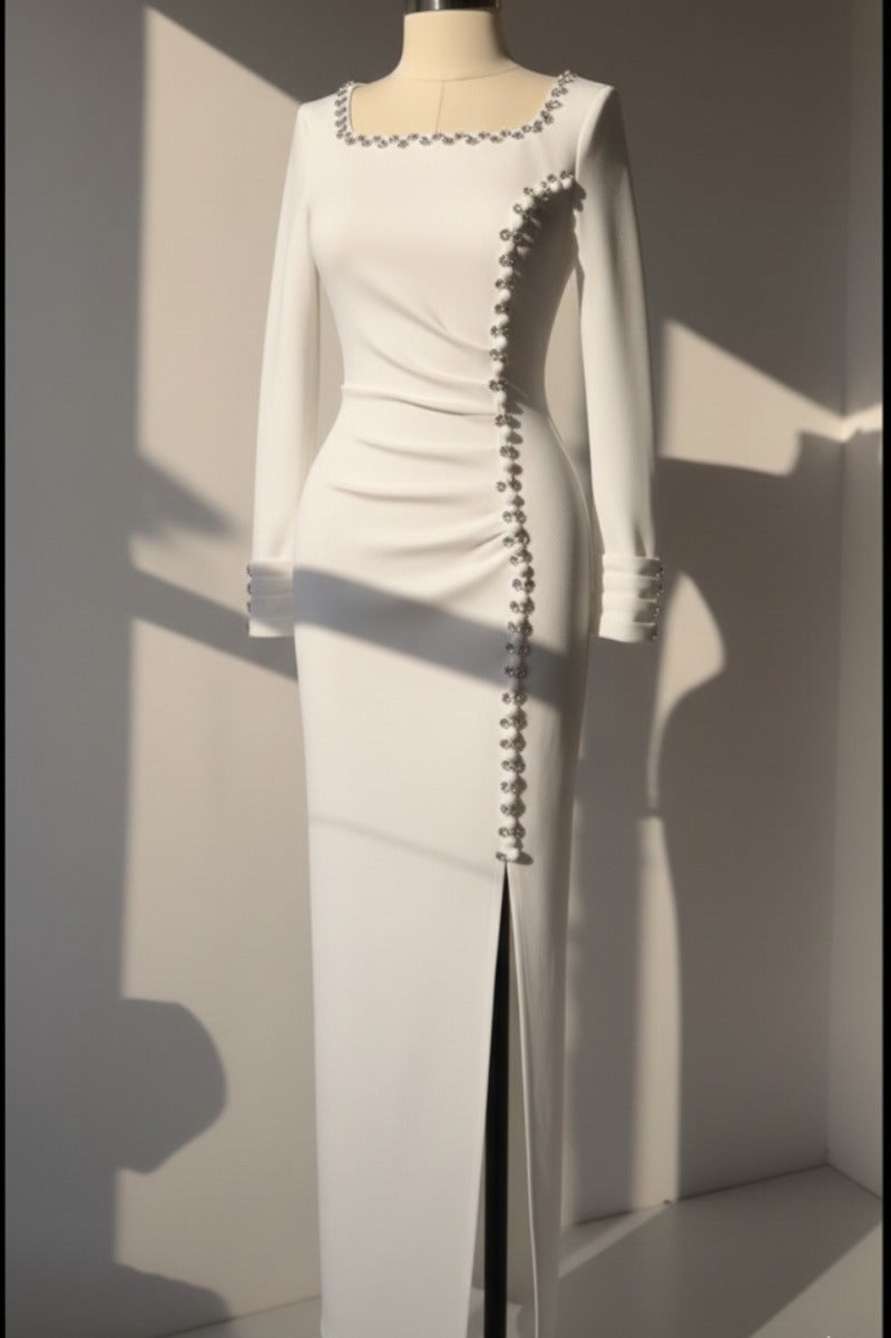 Blush Crystal Slit Evening Gown