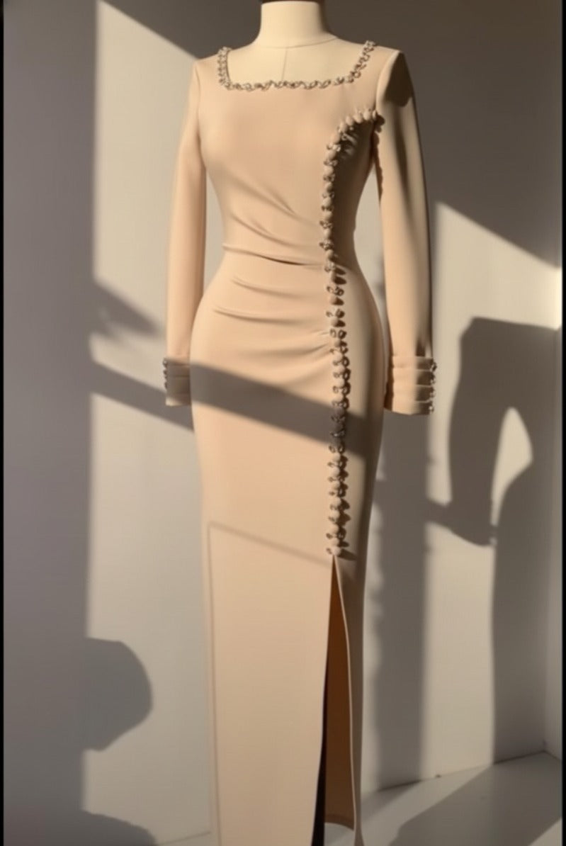 Blush Crystal Slit Evening Gown