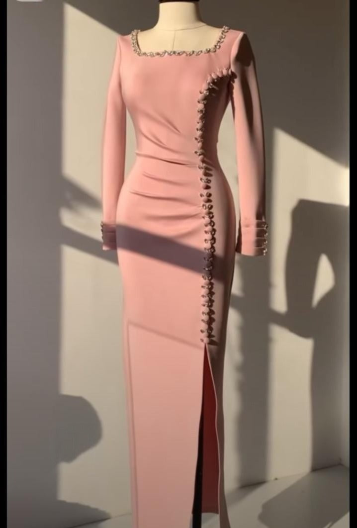 Blush Crystal Slit Evening Gown