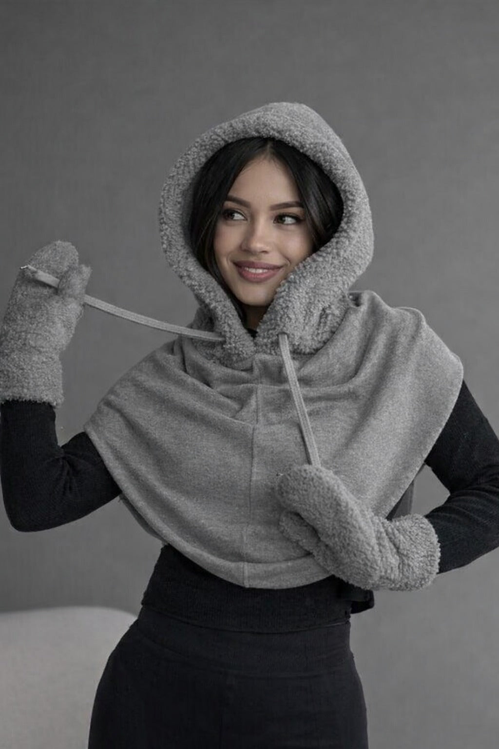 Aurora Faux Shearling Hooded Scarf – 2-in-1 Reversible Winter Wrap