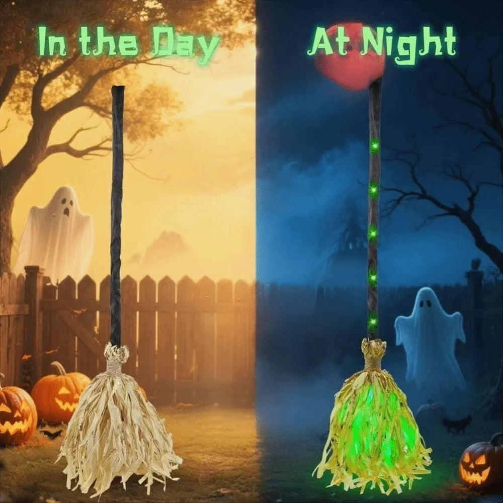Glowing Dancing Witch Broom with Sound & Walking Feet – Halloween Magic Prop