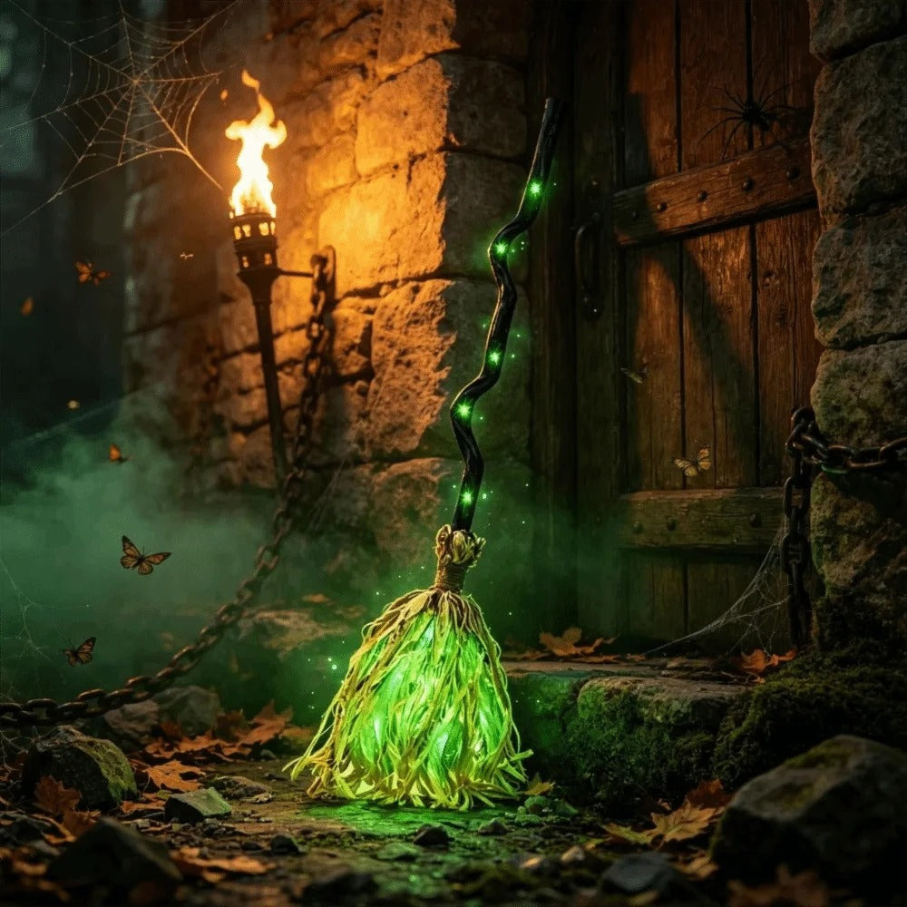 Glowing Dancing Witch Broom with Sound & Walking Feet – Halloween Magic Prop