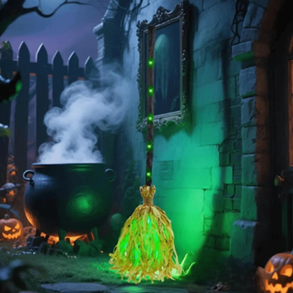Glowing Dancing Witch Broom with Sound & Walking Feet – Halloween Magic Prop